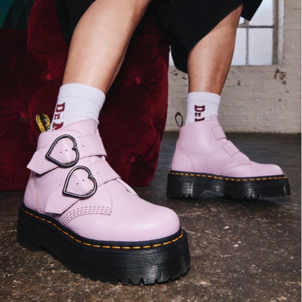 Dr. Martens Pink Devon Heart Buckle Leather Platform Boots size 6